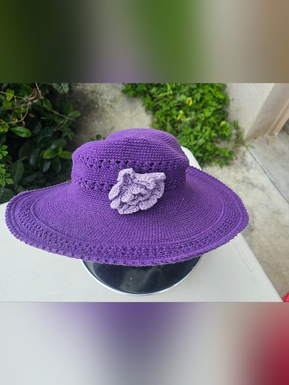 Crocheted Purple Sun Hat with Flower Accent